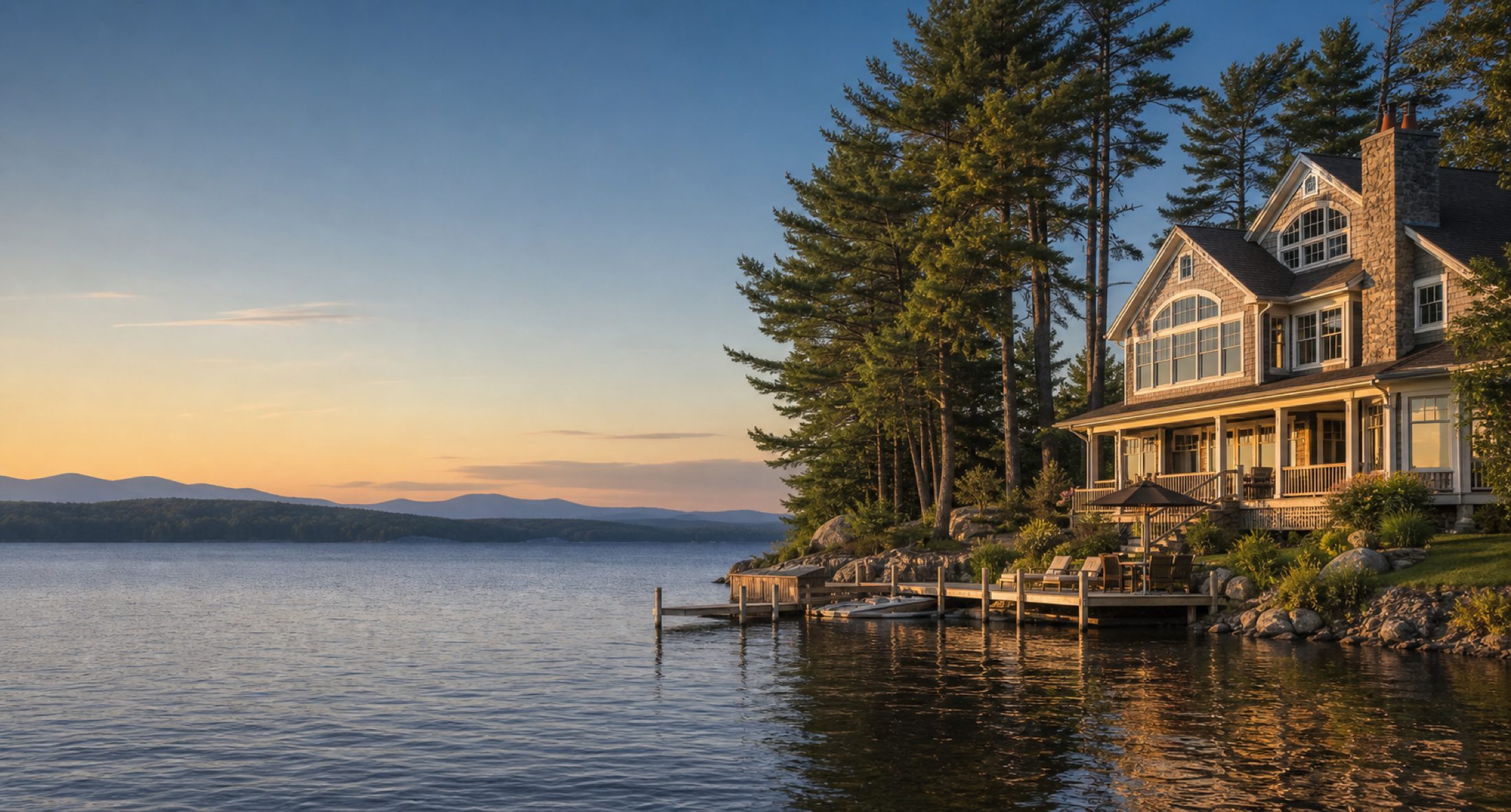 New Hampshire lake home at sunset
